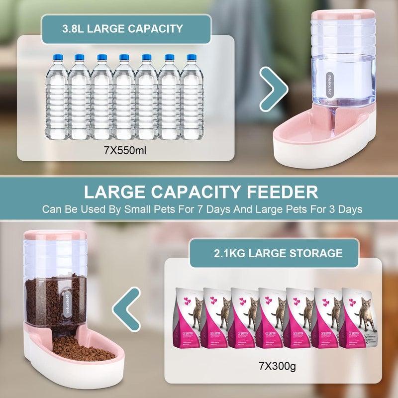 Meikuler Automatic Dog Cat Feeder and Water Dispenser Set,Waterer and Gravity Food Feeder for Small & Medium Dogs Cats Puppies,Large Capacity 1 Gallon x 2(Pink) - Image 2